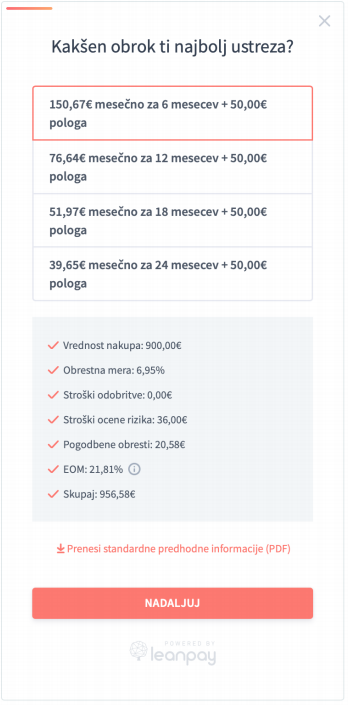Izbira Leanpay obročnega plačila v košarici